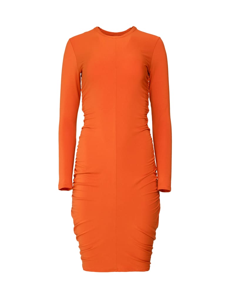 Front of a size 1X Ruched Long Sleeve Dress in Orange by Hilary MacMillan. | dia_product_style_image_id:281988